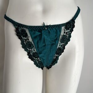 Silkscreen deep emerald green silk floral lace trimmed string side thong panty